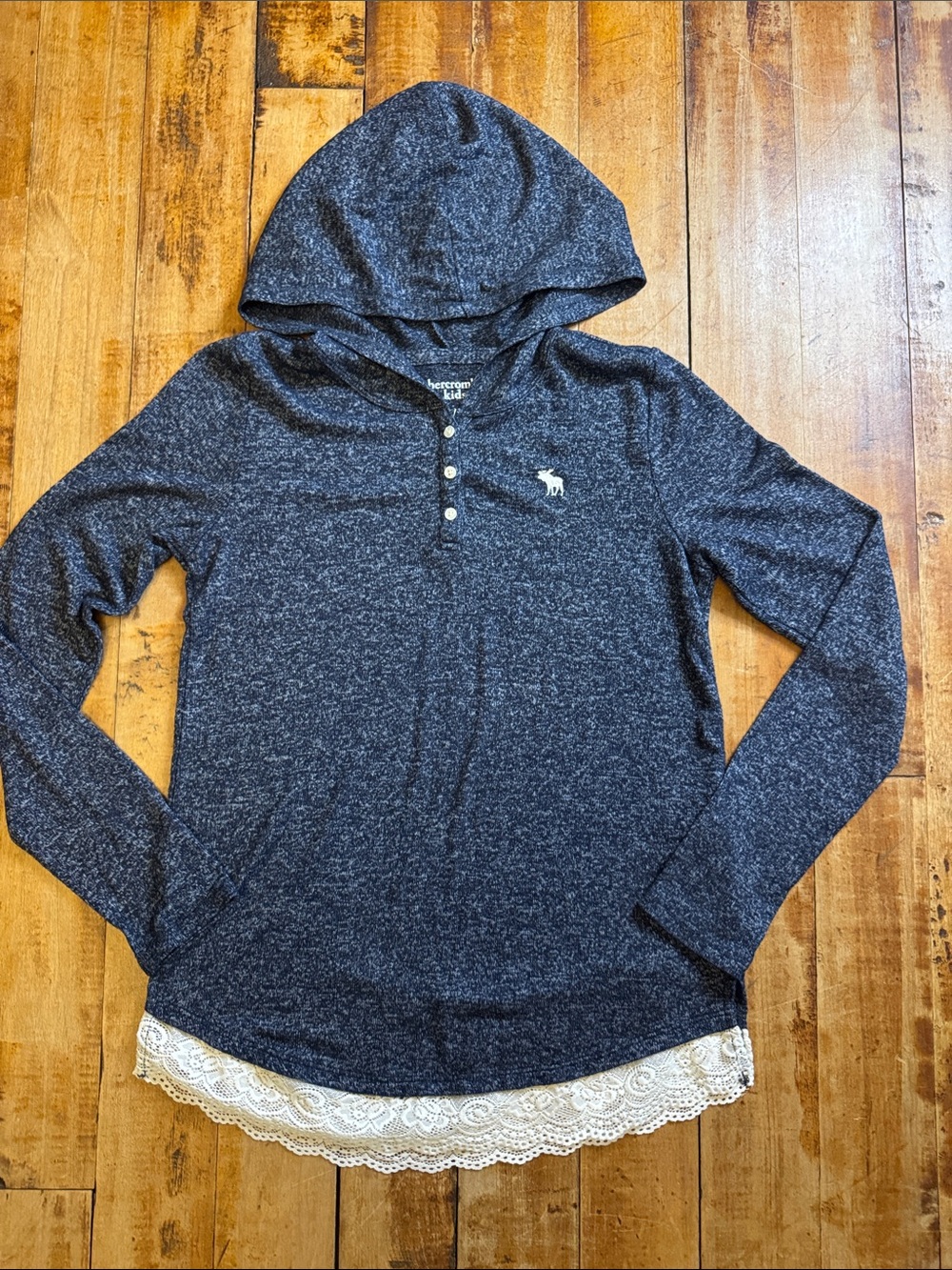 Abercrombie kids hoodie size 10 Heathered blue Hooded Henley with Lace Trim